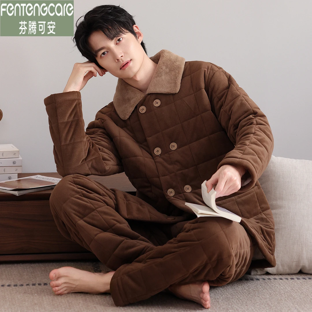 芬腾可安冬季三层夹棉睡衣男款加厚加绒冬天冬款保暖青少年家居服
