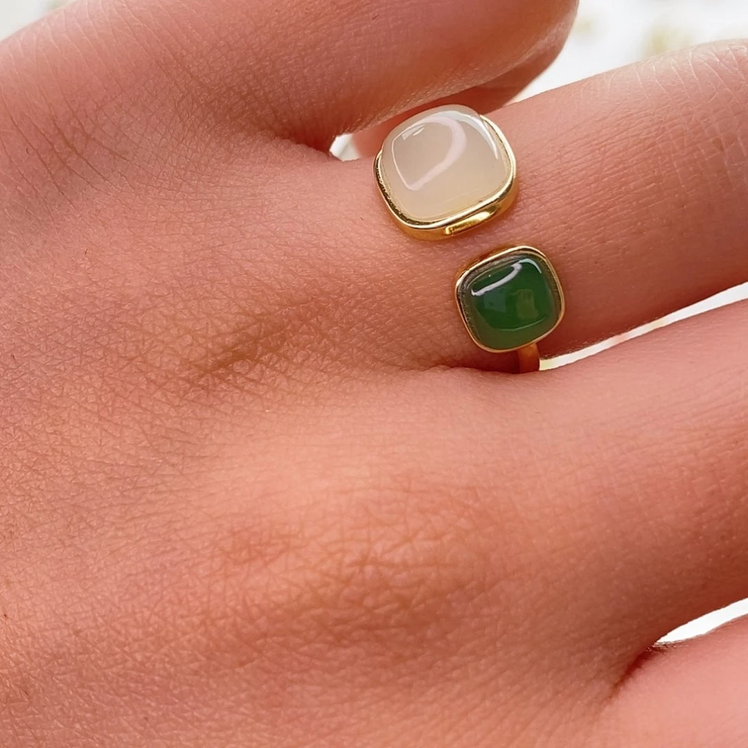 和田玉戒指银S925镀金镶嵌