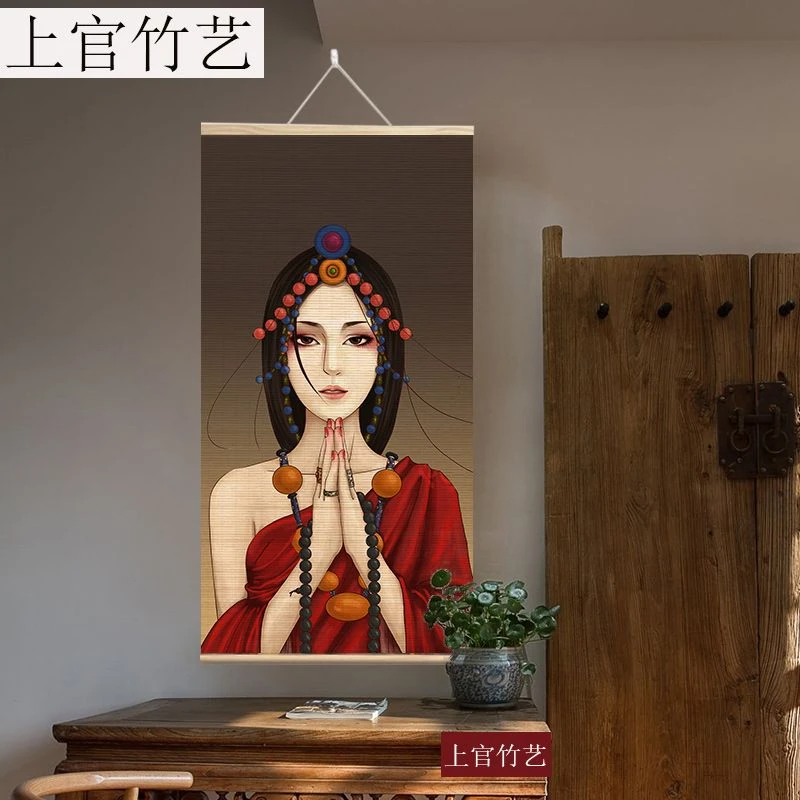 西藏少女竹帘画中式挂画客厅民宿玄关装饰画禅意茶室书房挂帘卷轴