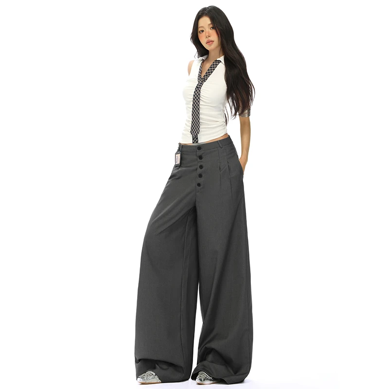 25th Blokette！新款美式复古设计排扣休闲西裤cleanfit垂坠阔腿裤