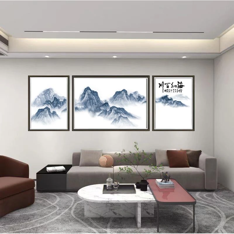 [喜宅家艺]Q42海纳百川山水时尚钢化玻璃装裱沙发背景三联装饰画