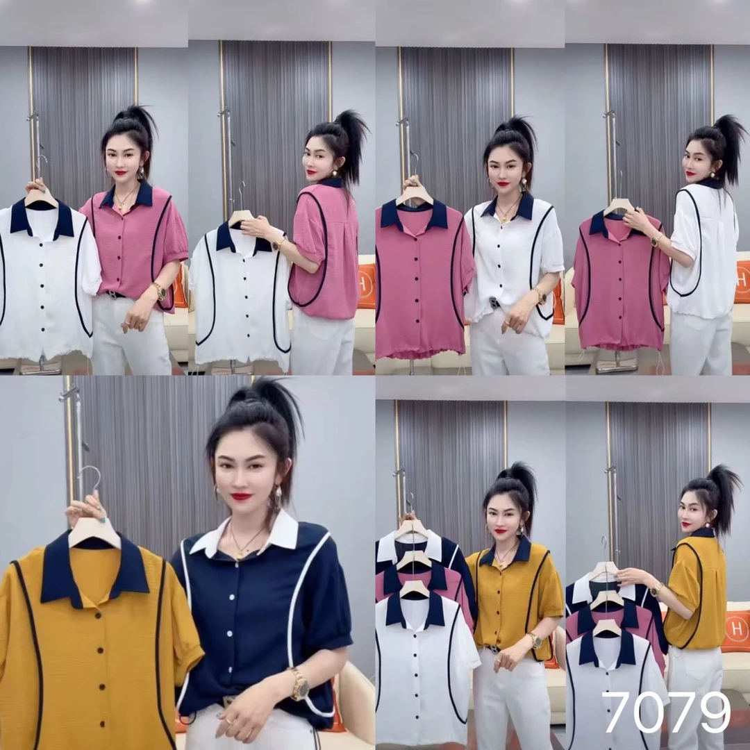 7079翻领拼接短袖