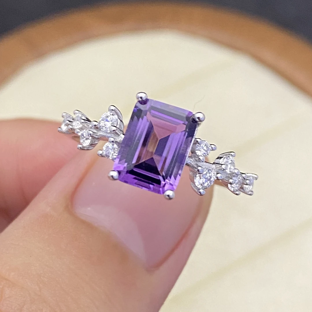 天然紫水晶戒指s925银 方形6*8mm 轻奢精致气质优雅时尚百搭Y2