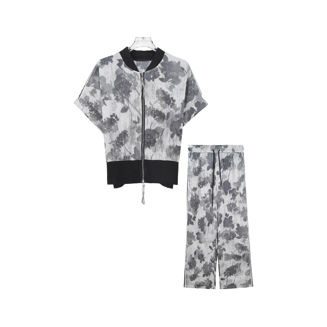 X26511新款高级感晕染短袖上衣阔腿裤休闲运动套装