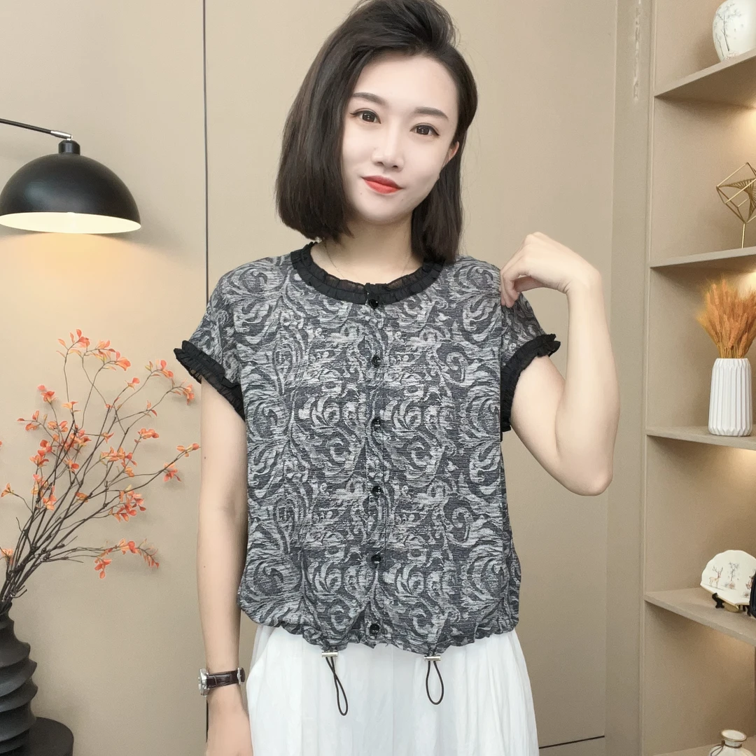 夏季新款洋气花色小衫女轻薄减龄显瘦舒适上衣-571