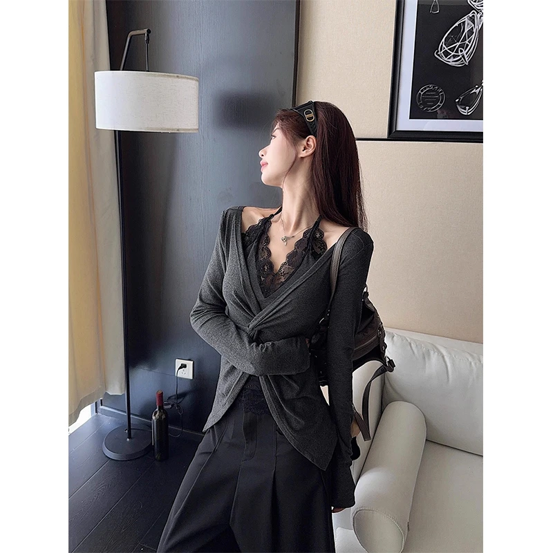 欧美风蕾丝拼接性感扭结假两件长袖t恤女秋季薄款显瘦辣妹打底衫