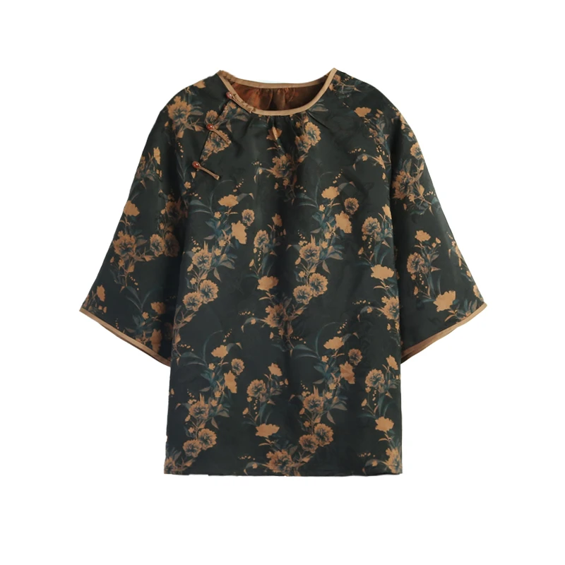 20姆米圆领斜襟红云纱葡萄扣漆黑色太太服12408-5