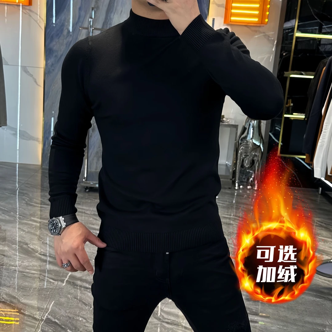 冬季加绒加厚一体绒半高领男士轻奢百搭修身保暖毛衣针织长袖