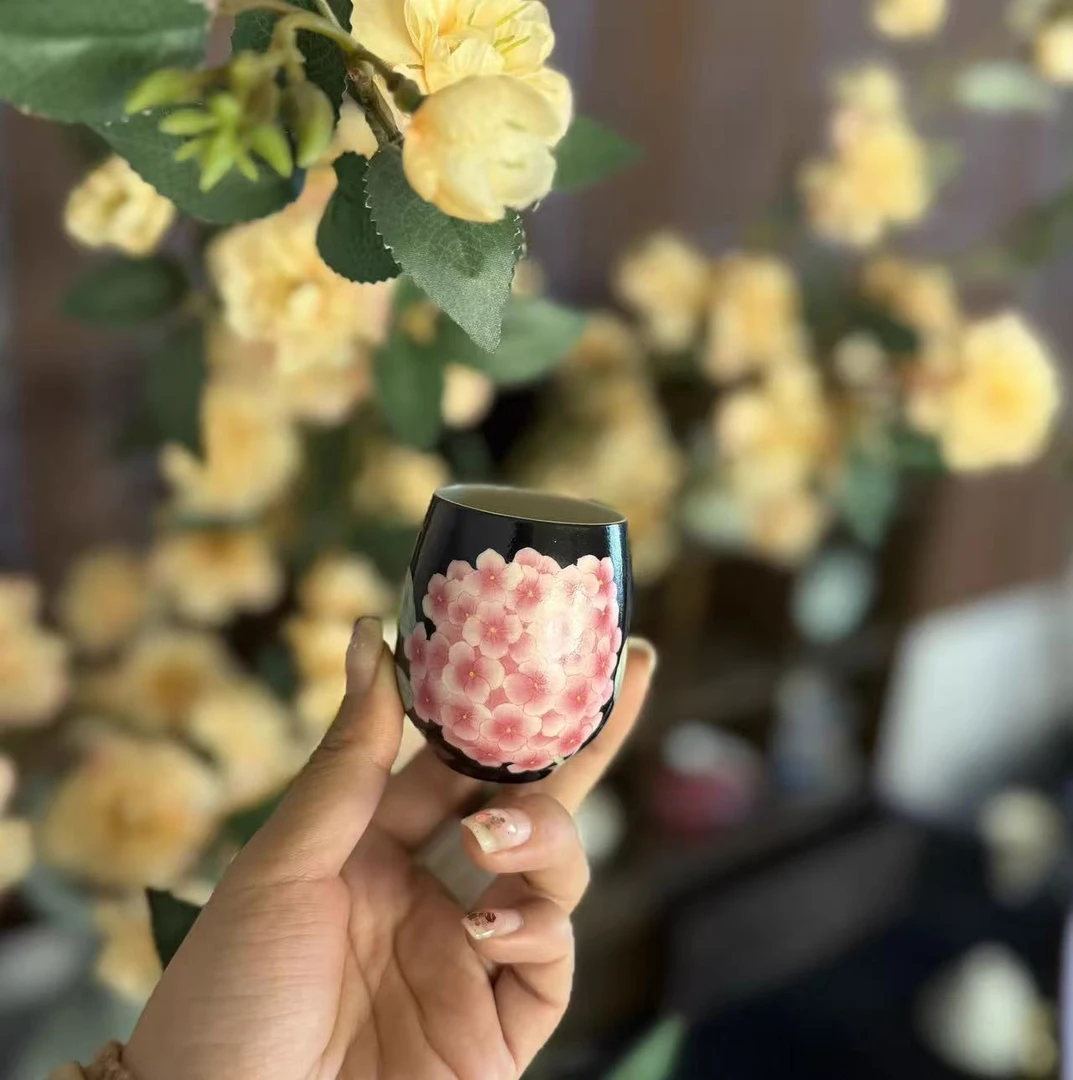 《梦乔茶器》雅圣景德镇手工手绘黑底绣球花蛋杯粉彩高温高端窑口