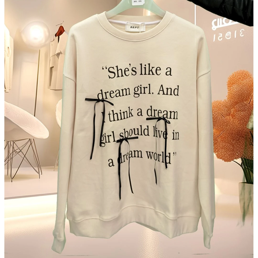 女士字母印花蝴蝶结圆领T恤春季新款宽松大版休闲卫衣8997