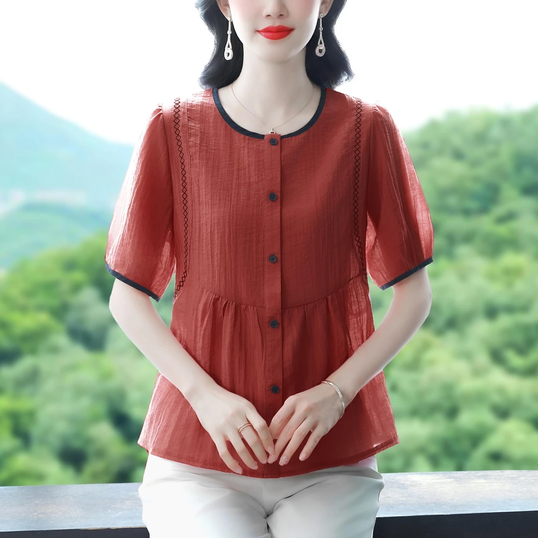 中年时尚夏季棉 麻圆领上衣宽松显瘦遮肚减龄百搭洋气短袖小衫女