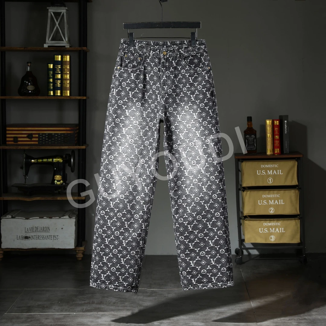 春秋男女同款牛仔裤休闲印花百搭宽松直筒裤美式显瘦牛仔裤拖地裤