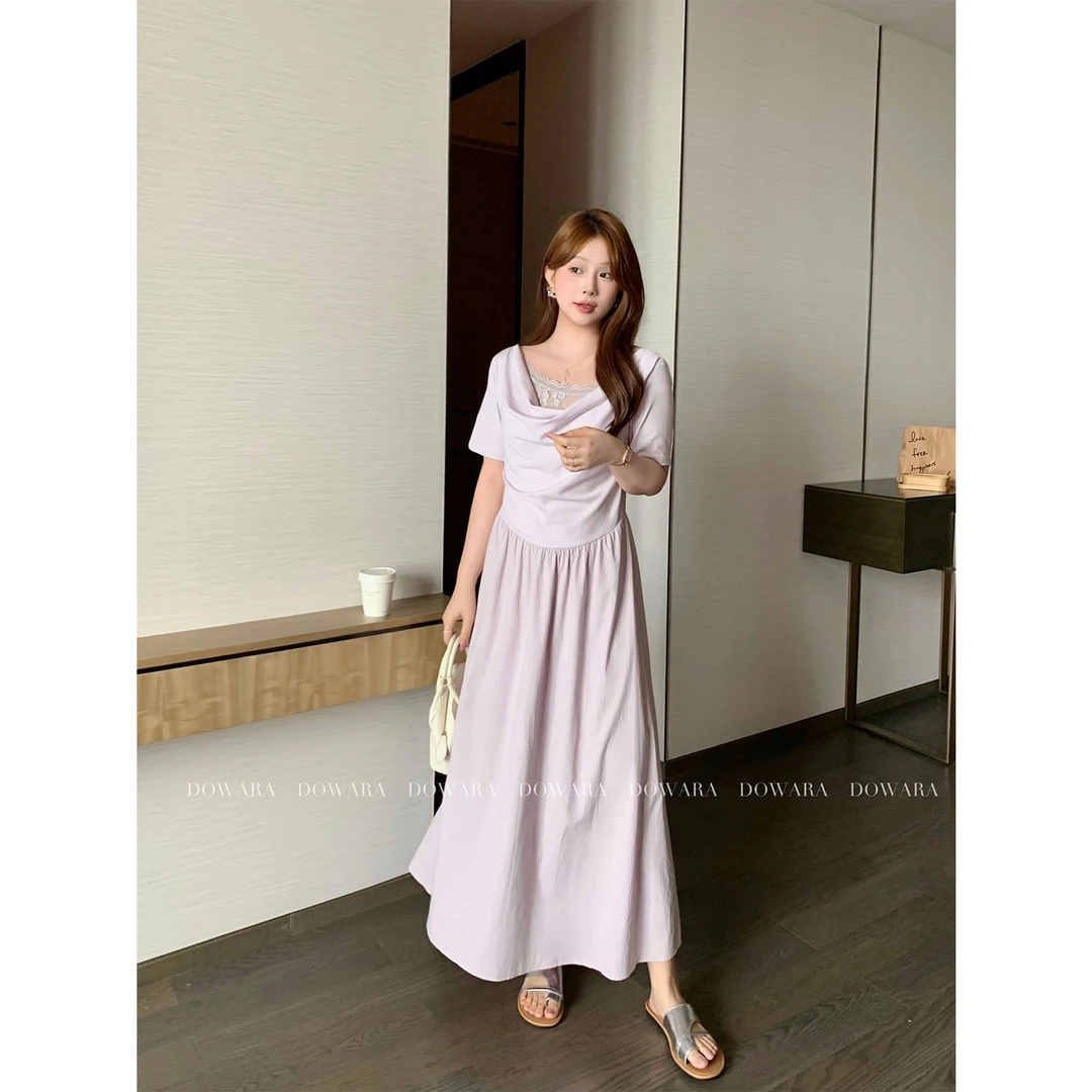 大婉酱千千微胖定制【温柔姐感】莱赛尔荡领拼接蕾丝连衣裙女9199x