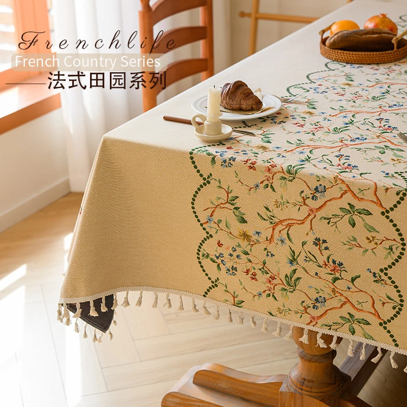 防尘餐桌桌布2025年新款轻奢高级感低调奢华黄色植物绣花ins风小