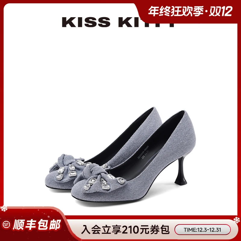KISSKITTY牛仔布高跟鞋女舒适不累脚25年秋季女款水钻浅口时装鞋