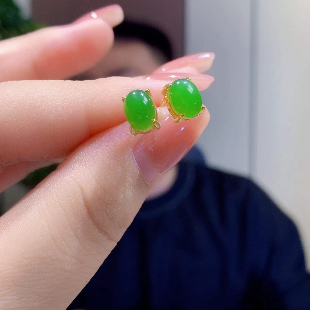 和田玉（碧玉）银S925镀金镶嵌耳饰