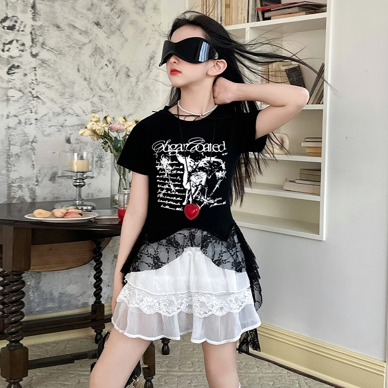 女童短袖T恤夏季儿童气质百搭修身辣妹蕾丝拼接t女孩不规则上衣潮