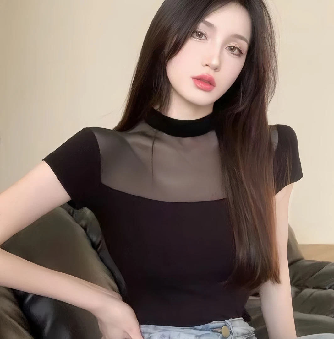 【全额运费补贴】网纱短袖T恤女韩版时尚蕾丝纯欲风夏辣妹黑色上衣