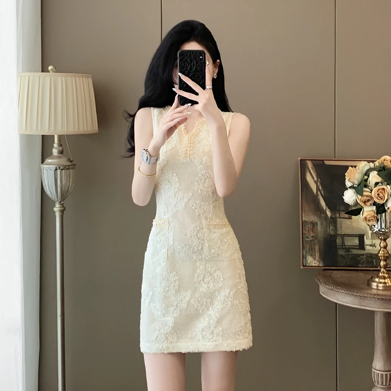 夏季收腰v领显瘦无袖短裙修身气质旗袍蕾丝连衣裙法式复古小个子