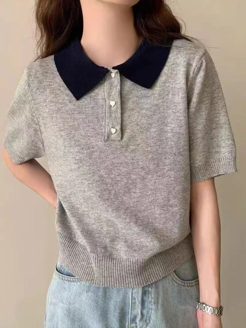 908#学院风灰色polo领短袖正肩t恤女夏季冰丝针织短款翻领上衣