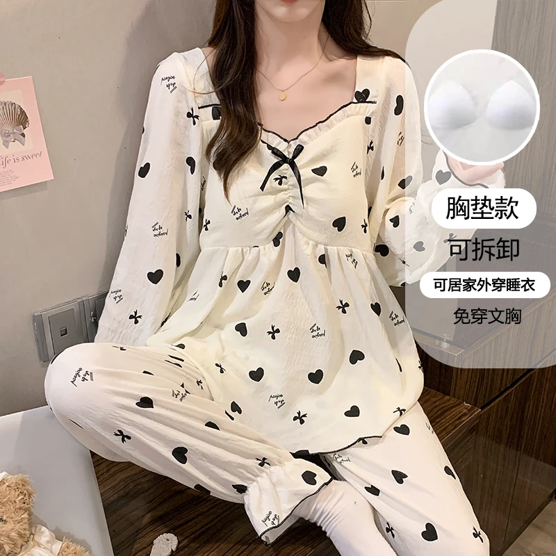 长袖睡衣女款春秋季薄款带胸垫公主风甜美女士家居服套装9311