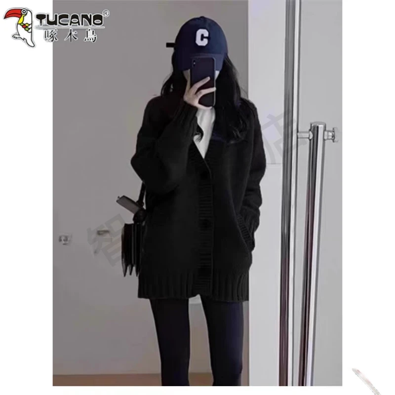 啄木鸟秋冬开衫宽松女保暖V领时尚百搭软糯休闲中长款慵懒针织衫