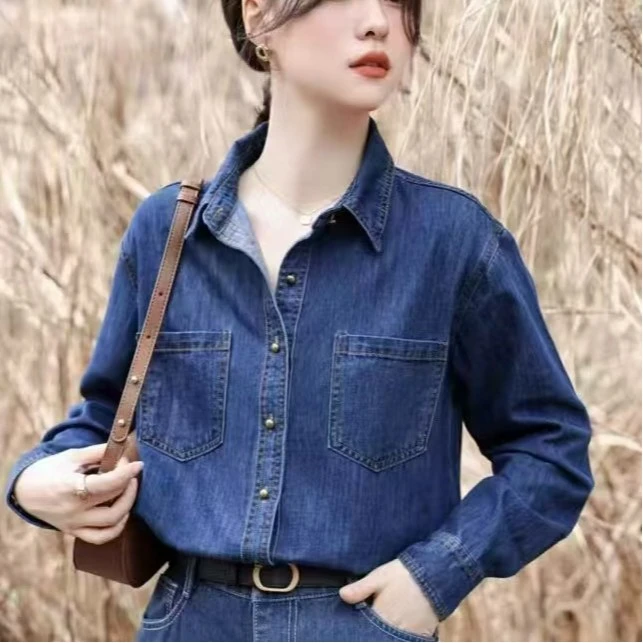 【琪宝瑞】蓝色牛仔衬衫女叠穿百搭小众设计感复古港味宽松长袖