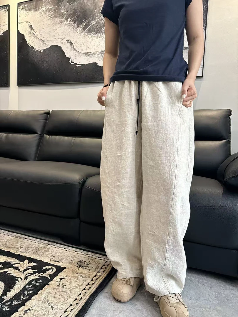 遇见·新款两色抽绳松紧腰弯刀麻裤休闲显瘦