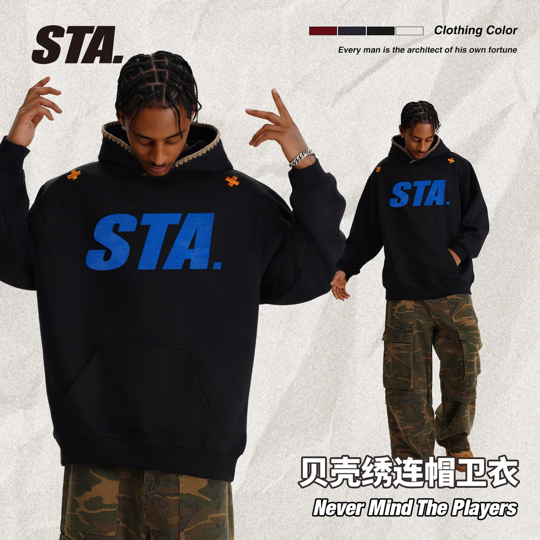 STA国潮400克重磅男款卫衣女款烫钻秋冬秋季男卫衣连帽百搭国潮