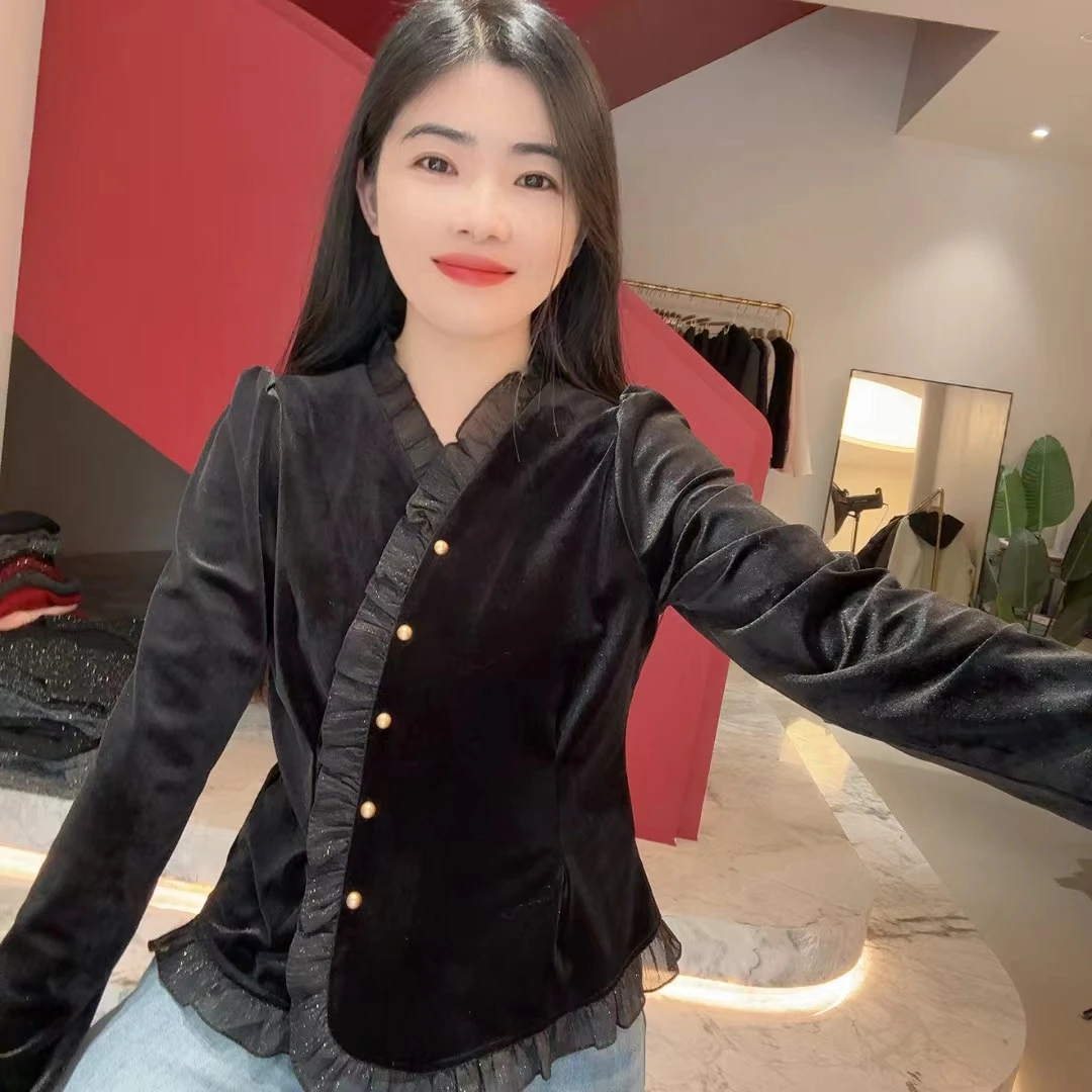 QC 252485 春款不加绒V领丝绒修身显瘦蕾丝拼接衬衫