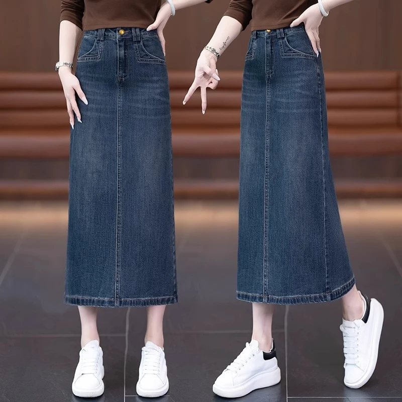复古牛仔半身裙女春秋2025新款高腰中长款a字裙后开叉一步包臀裙