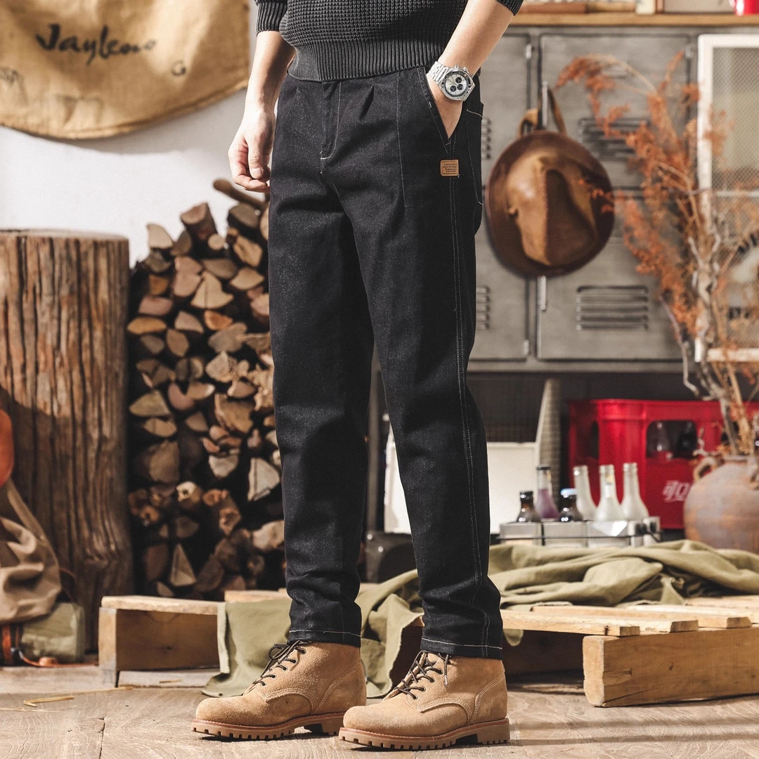 美式复古防褪色原色丹宁牛仔裤男厚款加绒冬季直筒锥形休闲长裤