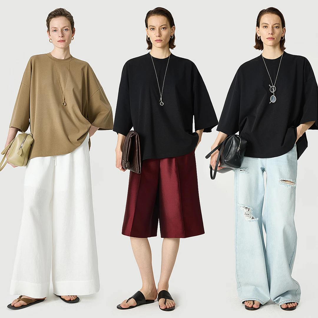 开间/獨家棉莱卡舒弹罗纹 極简ROW风经典佰搭宽松廓形圆领短袖T恤