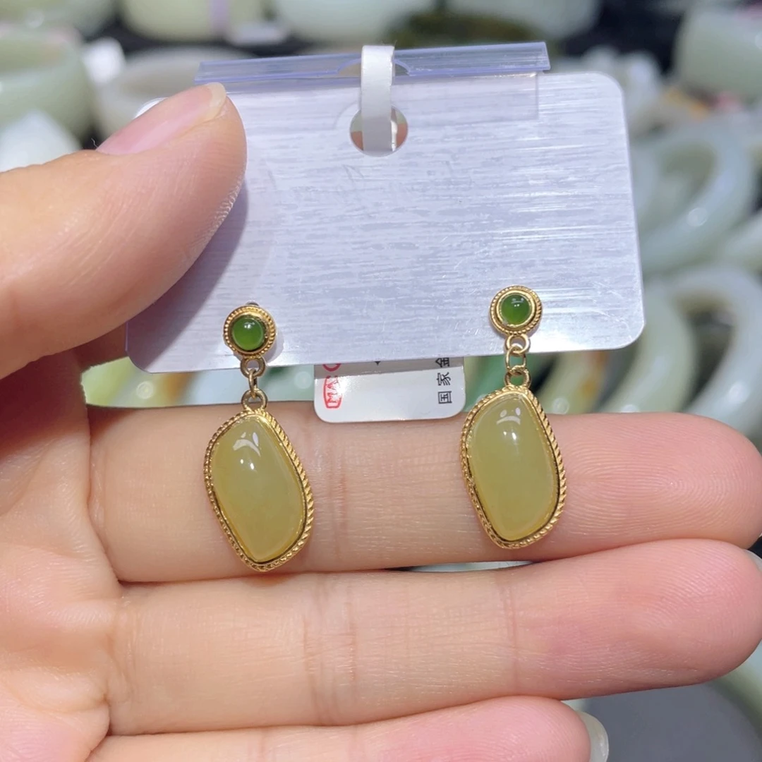 和田玉银S925镶嵌耳饰