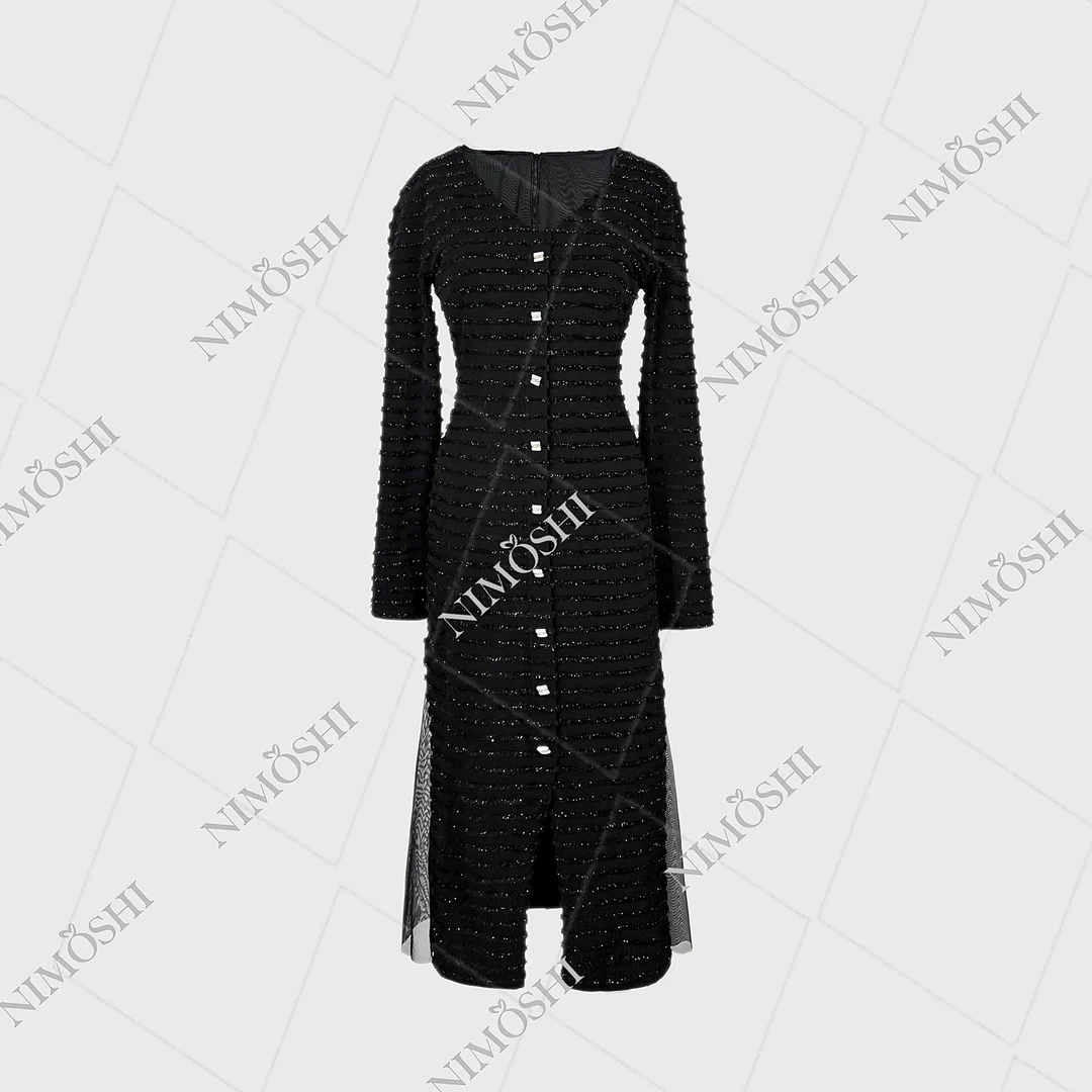 NIMðSHI【专柜飞】法式气质时髦洋气包臀开叉弹力长裙小黑裙Q1070