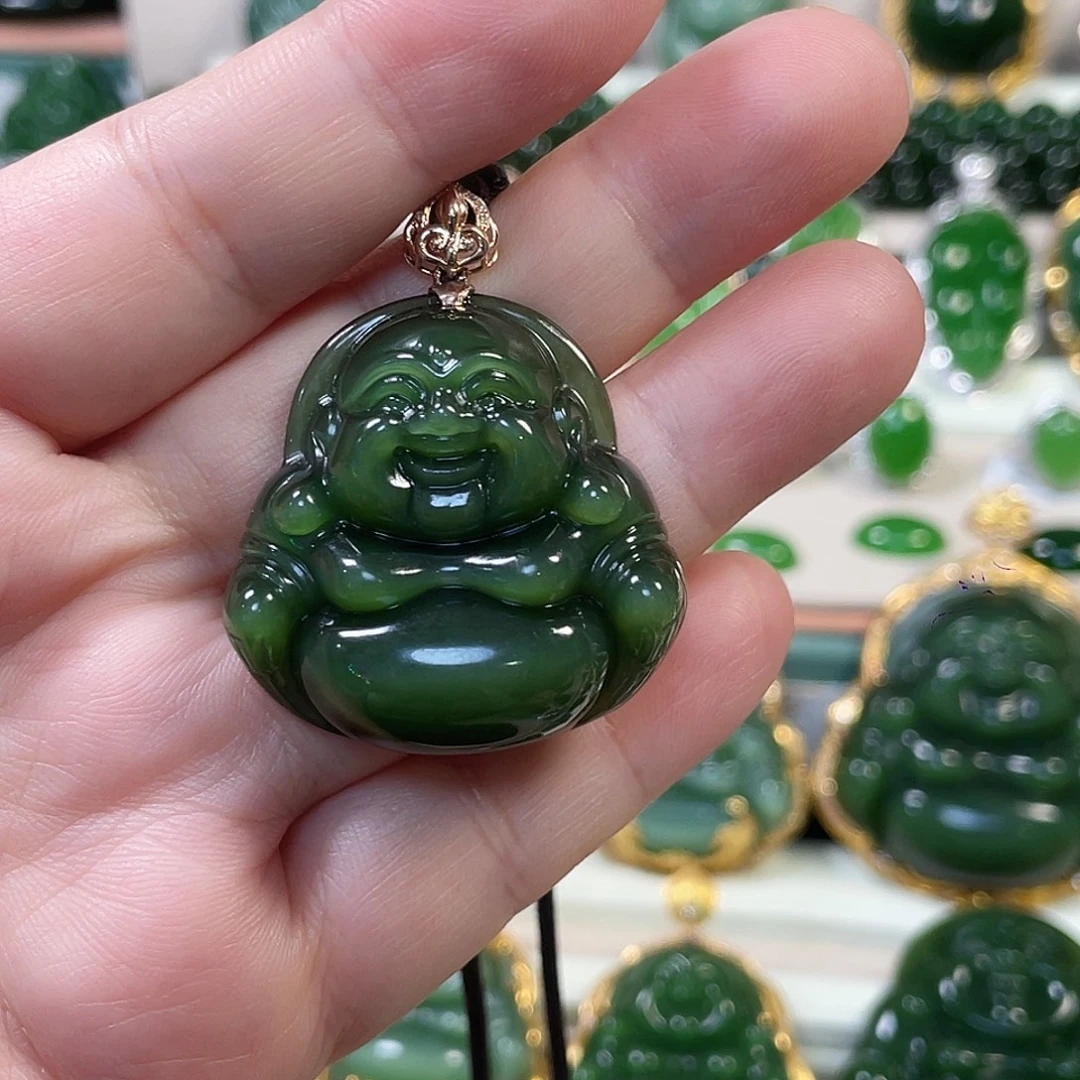 和田玉（碧玉）未镶嵌颈饰绿猫眼佛公35mm