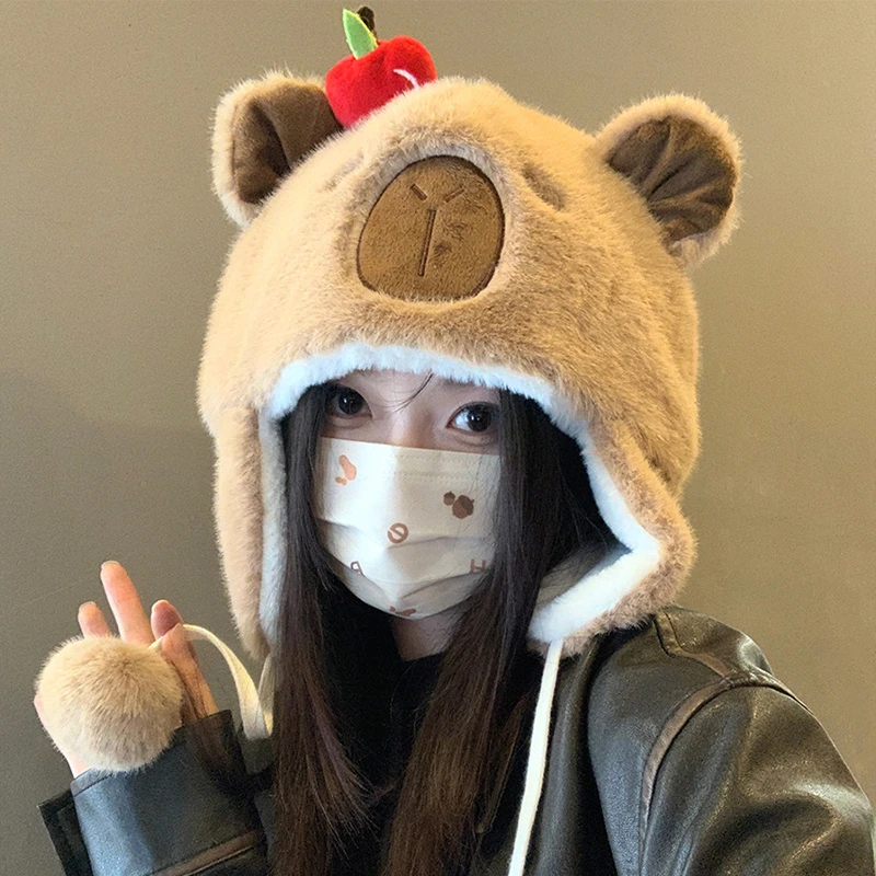 可爱卡皮巴拉毛绒雷锋秋冬季帽子卡通保暖加厚防寒保暖护耳头帽