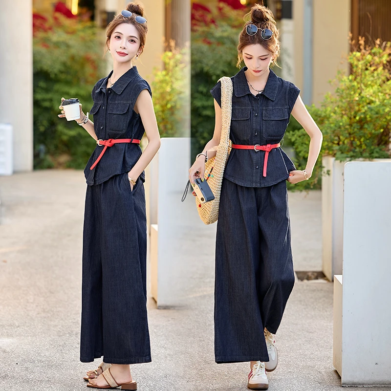 复古垂感衬衫牛仔套装女2025夏季新款气质收腰高级感阔腿裤两件套
