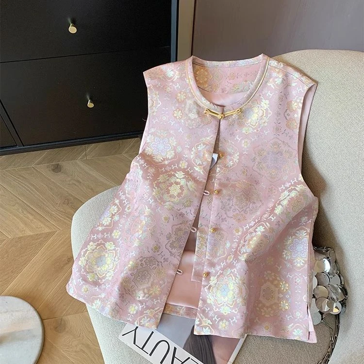 粉色圆领新中式马甲女春夏新款高端气质国风减龄外穿背心小个子