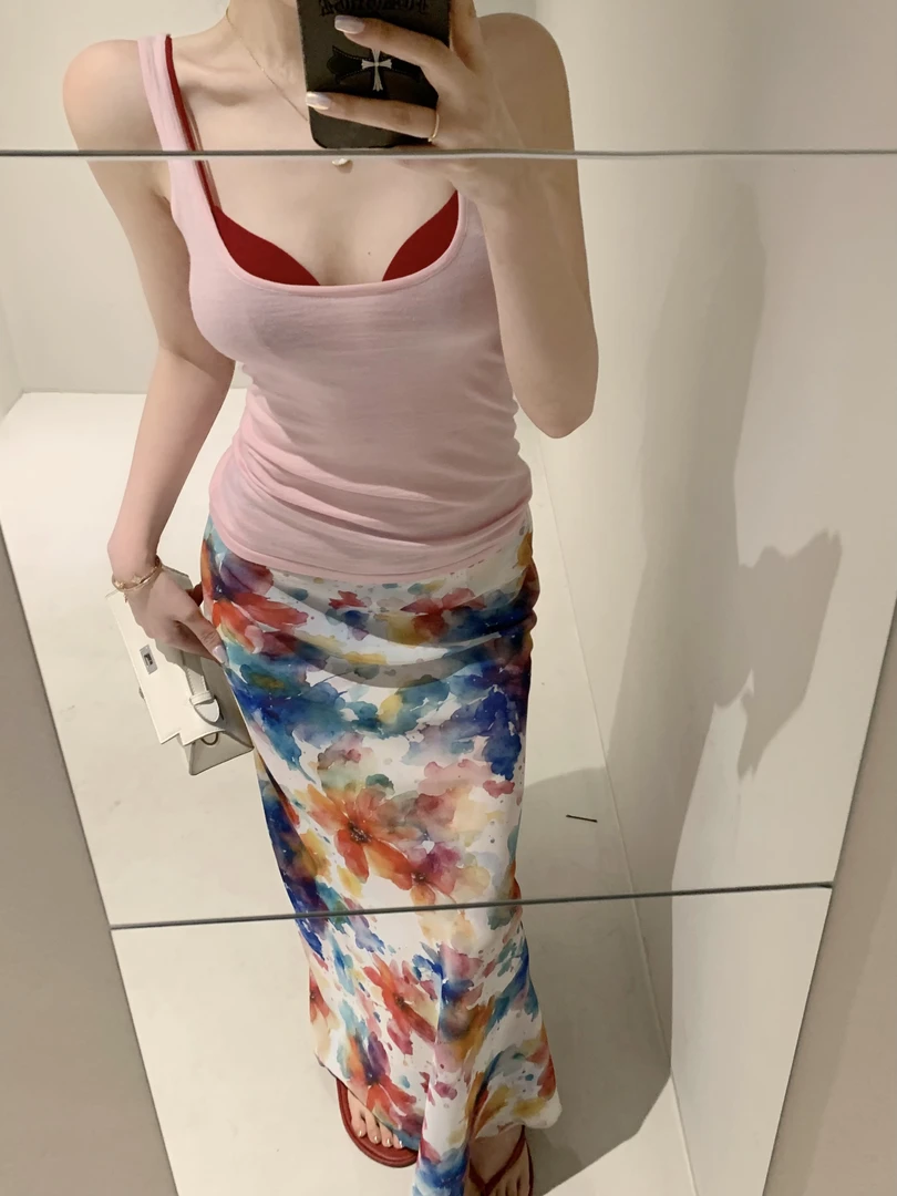 【爱丽丝漫游】印花半身裙女早春开叉雪纺修身长裙