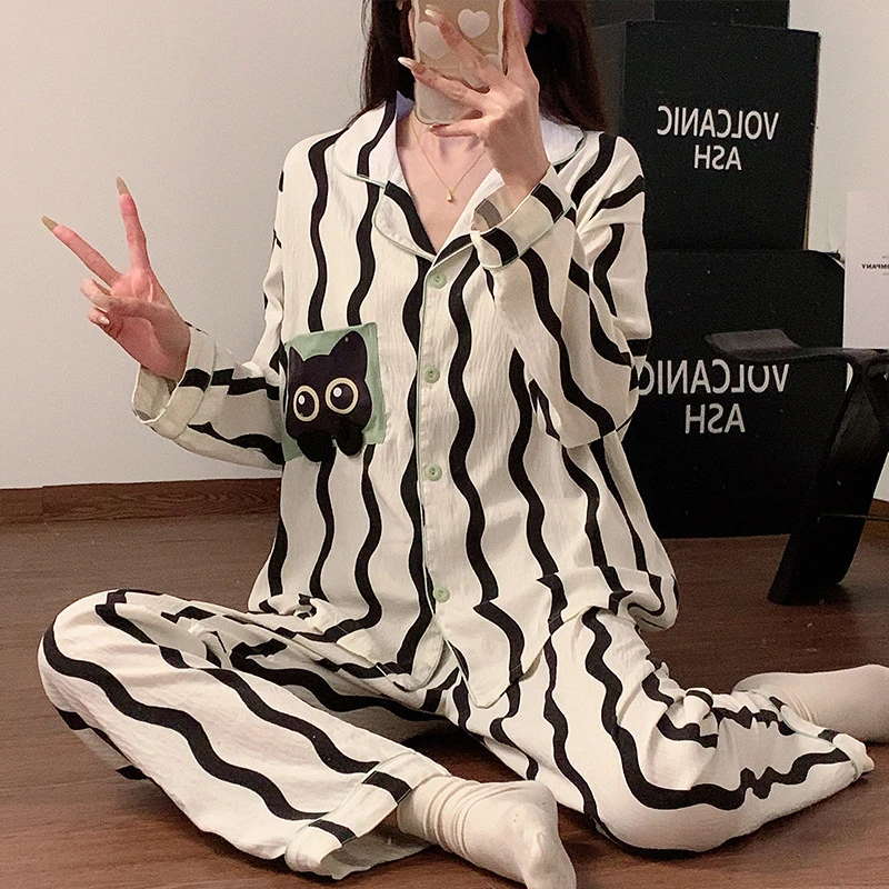 秋季新款睡衣女云朵棉翻领开衫长袖长裤甜美舒适少女家居服套装