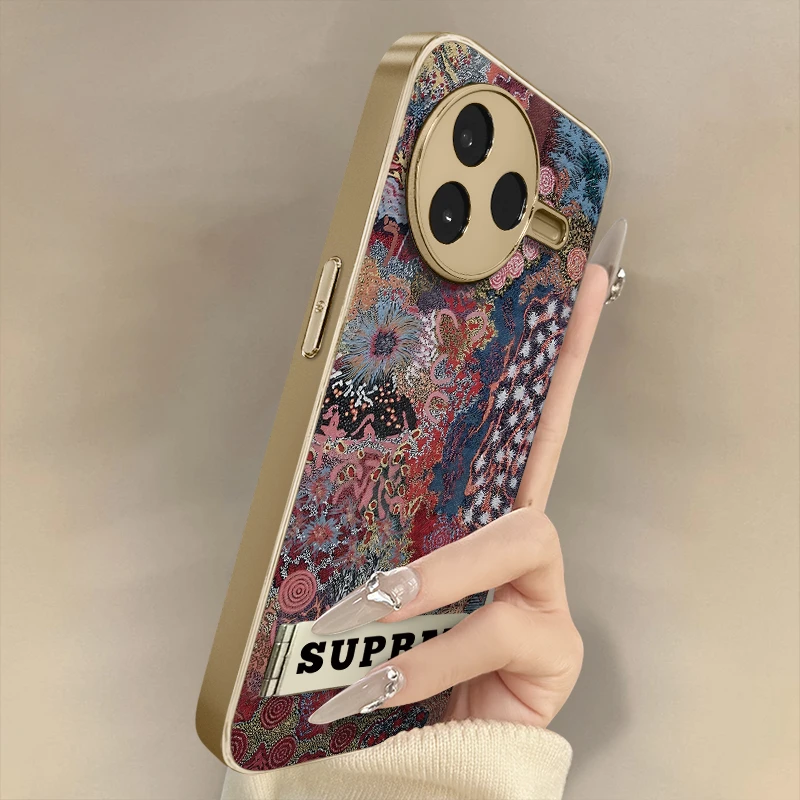 抽象艺术花纹适用于红米k80手机壳电镀轻奢带支架实用配件皮纹ins