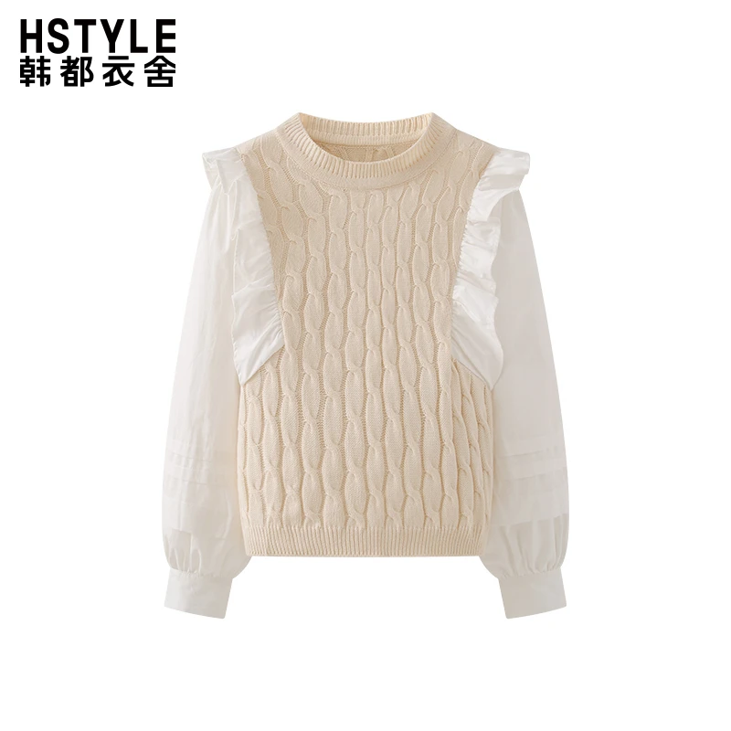 韩都衣舍圆领荷叶边衬衫袖拼接麻花长袖针织衫女甜美减龄套头上衣