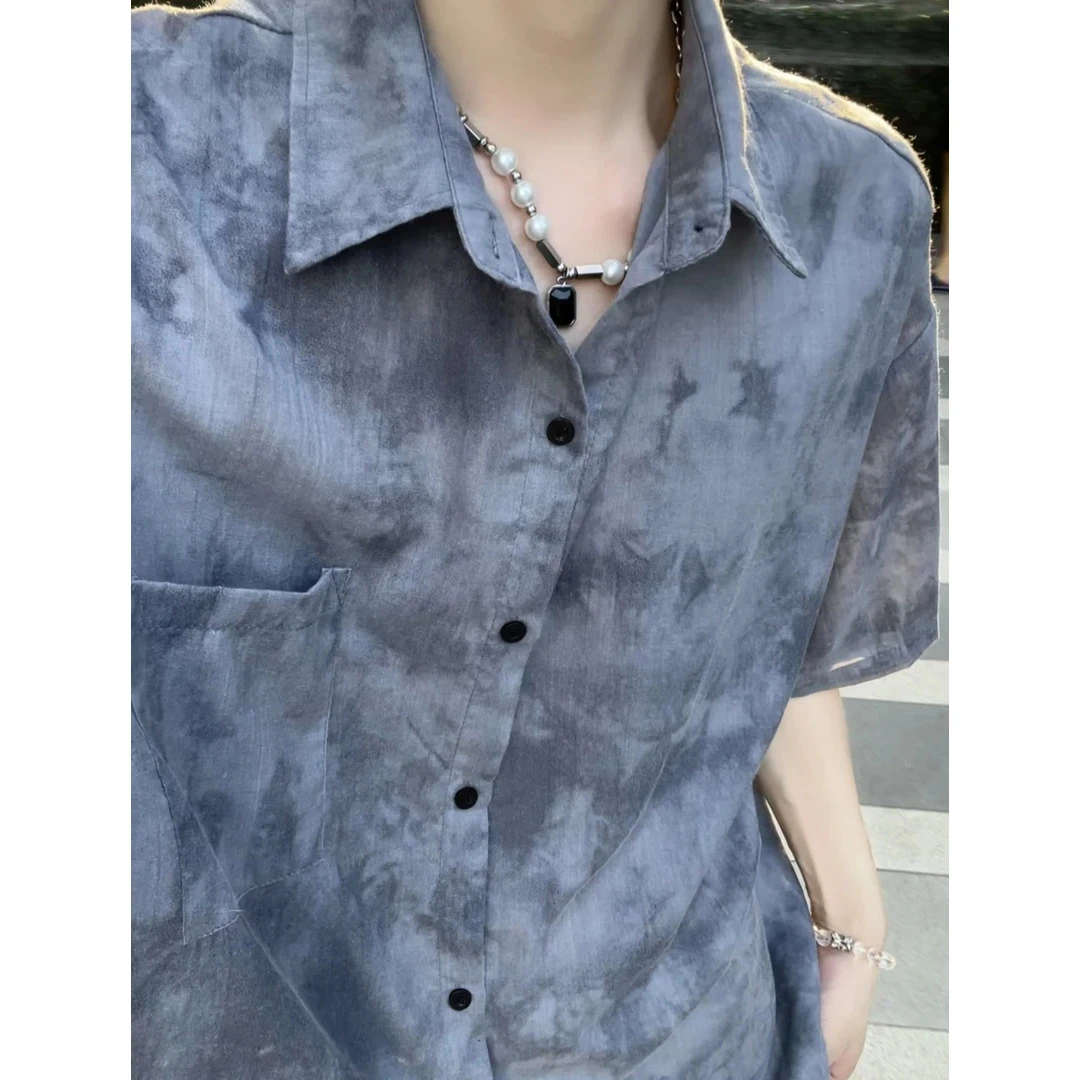扎染水墨画短袖衬衫上衣男款夏季新品美式复古潮流宽松半袖衬衣潮