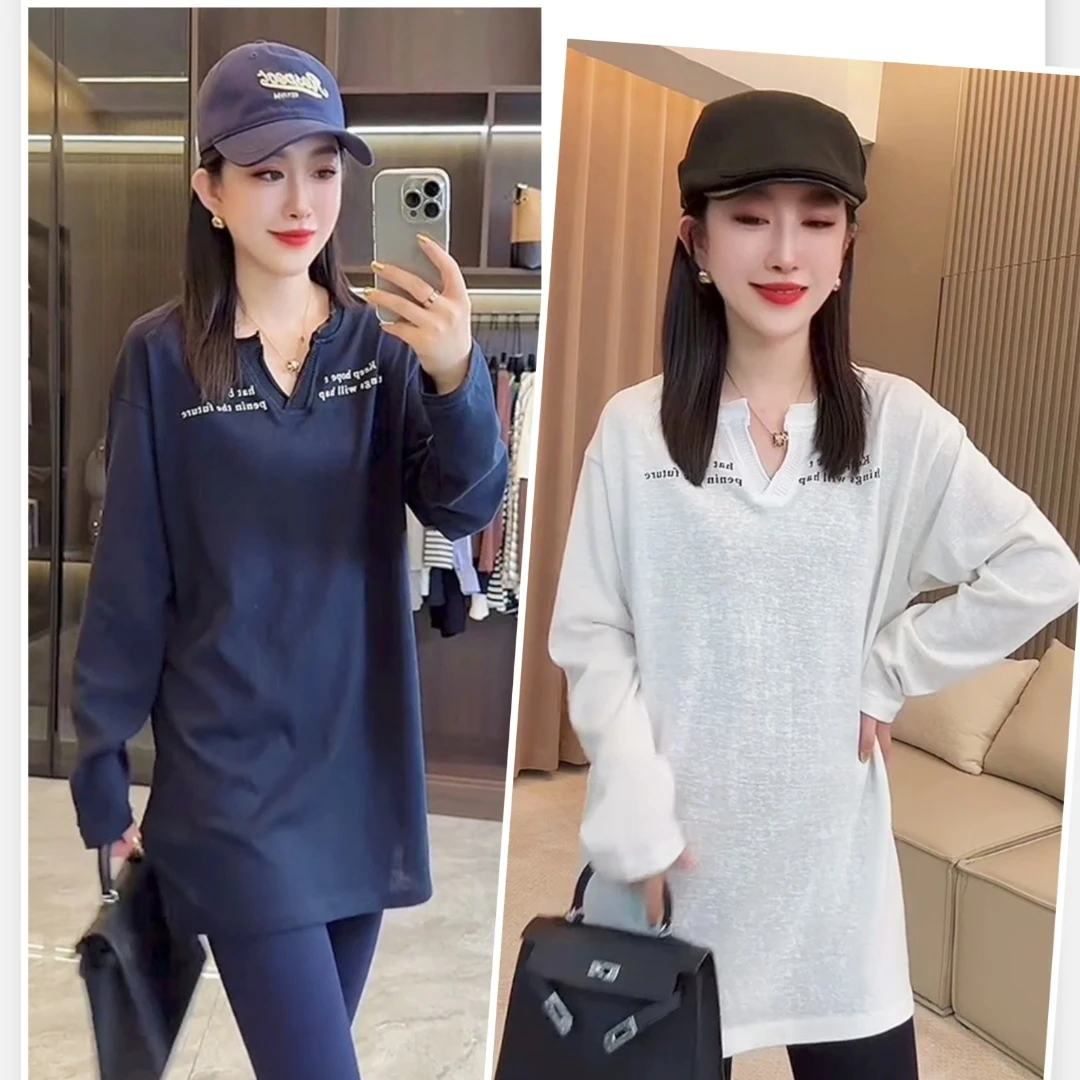 欧韩女款字母V领中长款T恤时尚显瘦上衣休闲宽松型极简风炸街洋气