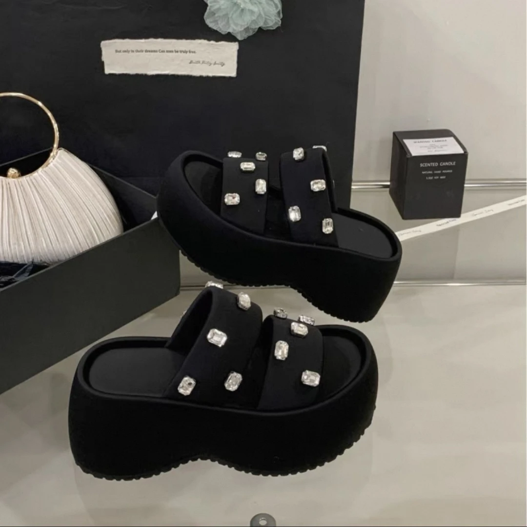 2566-10 夏季松糕厚底感黑色坡跟凉拖鞋女外穿