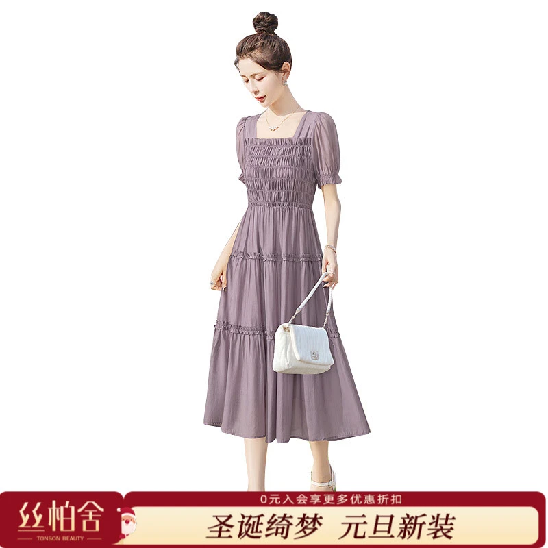 丝柏舍2025夏装新款女腰节松紧修身气质中长方领连衣裙S42B2053L