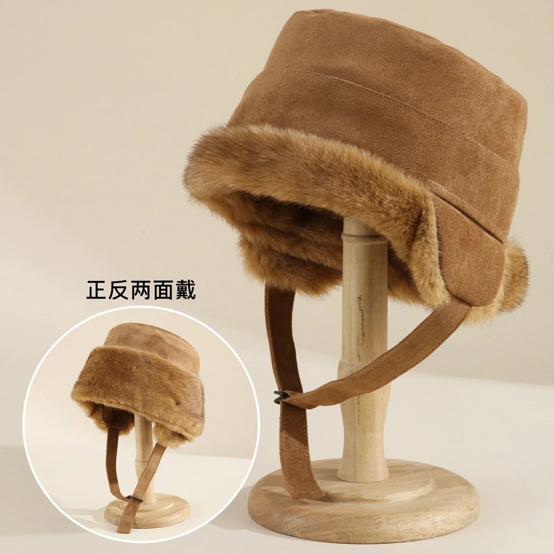 麂皮绒加厚护耳雷锋帽女秋冬季户外保暖防风帽一帽多戴包头蒙古帽