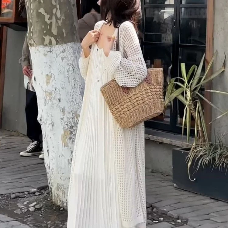 2025开衫新款春夏镂空网格针织开衫法式洋气长款气质宽松百搭外搭