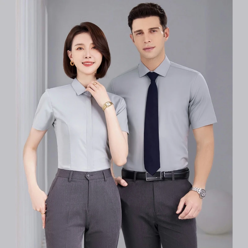 华为问界AITO浅灰色衬衫长短袖工作服4S店工装免烫商务正装衬衣夏